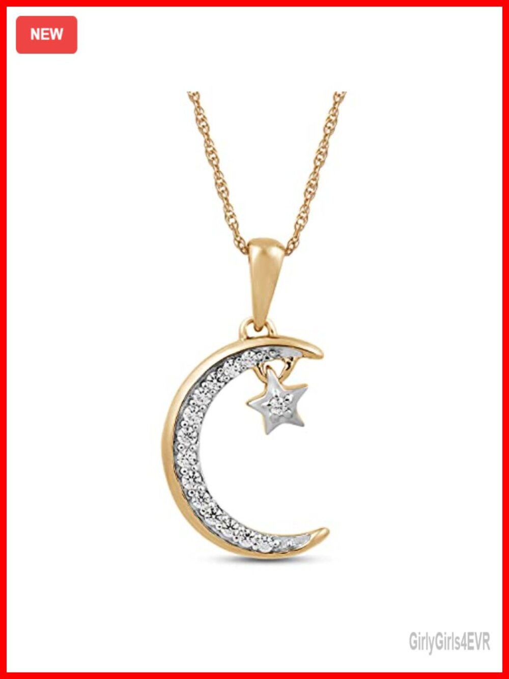 10K Yellow Gold Moon Star Diamond Pendant Necklace Rope Chain 18 Inch